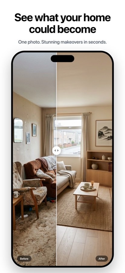 HomeMaxxing app showing a living room before and after AI interior design