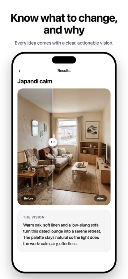 Multiple AI interior design directions generated from one room photo