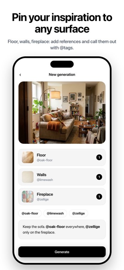 Pinning an inspiration photo and material references in HomeMaxxing