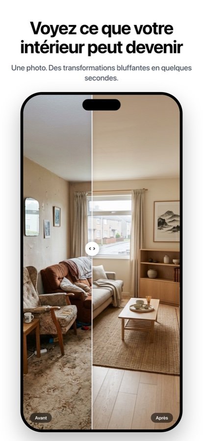 App HomeMaxxing montrant un salon avant et après relooking par IA